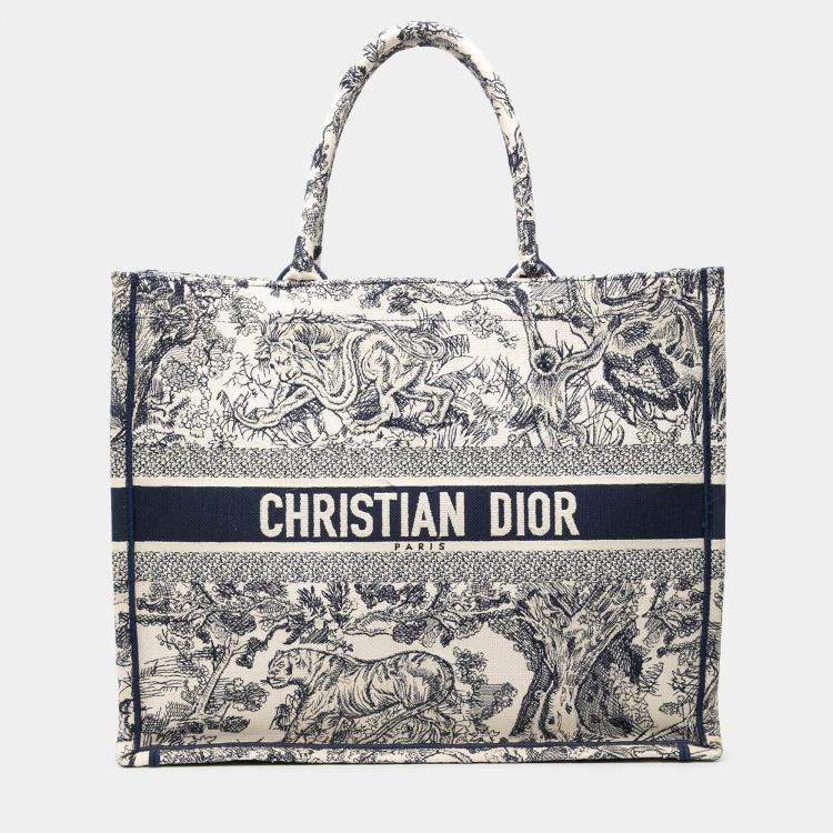Pre Owned Dior Blue Large Canvas Embroidered Dioriviera Toile De Jouy Book Tote