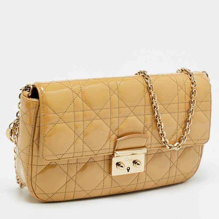 Pre Owned Dior Miss Dior Promenade Beige Cannage Patent Leather Chain Clutch