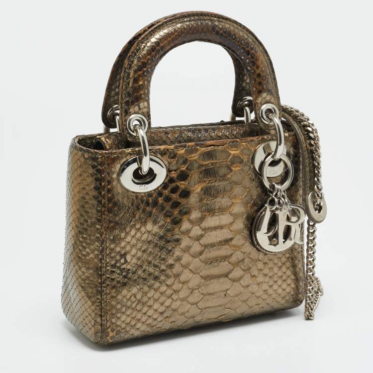 Pre Owned Dior Lady Dior Mini Metallic Python Tote