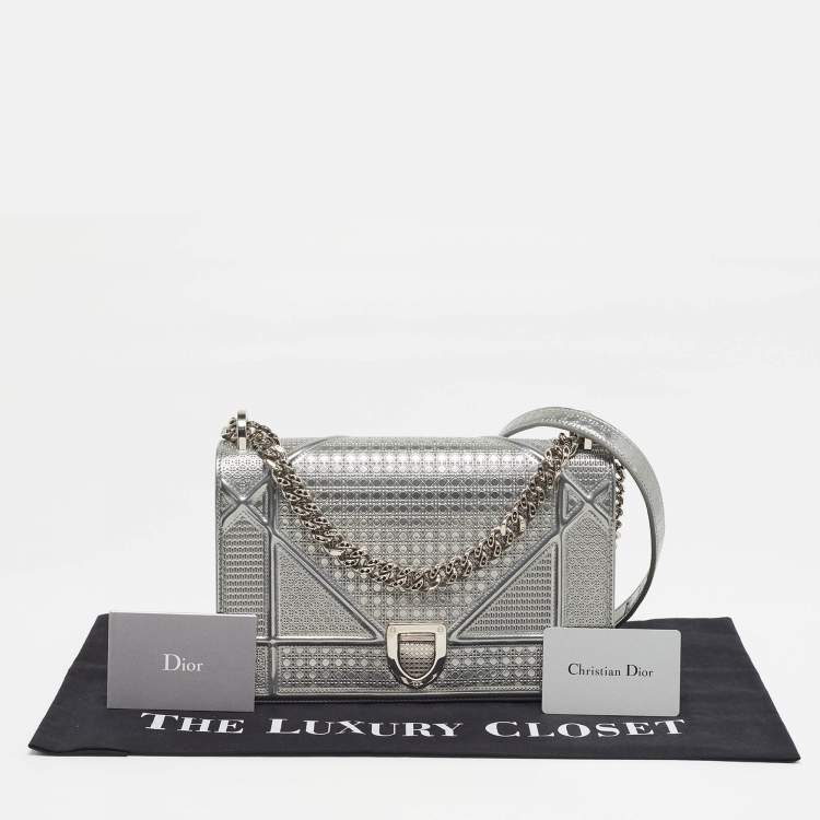 Pre Owned Dior Diorama Medium Grey Microcannage Patent Leather Shoulder Bag