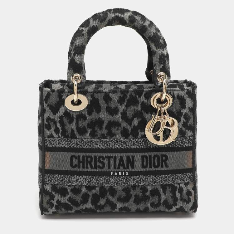Pre Owned Dior Lady D-Lite Medium Grey Leopard Print Canvas Tote
