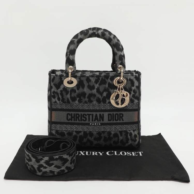 Pre Owned Dior Lady D-Lite Medium Grey Leopard Print Canvas Tote