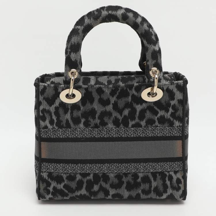 Pre Owned Dior Lady D-Lite Medium Grey Leopard Print Canvas Tote
