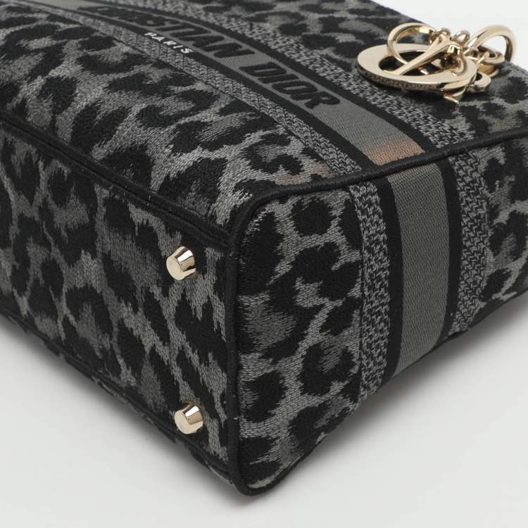 Pre Owned Dior Lady D-Lite Medium Grey Leopard Print Canvas Tote