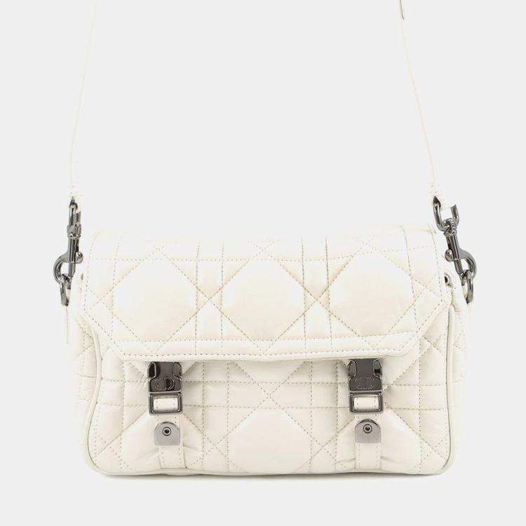 Pre Owned Dior Macrocannage Dior Camp Shoulder Bag White Leather Size Small