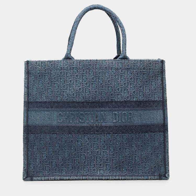 Pre Owned Dior Blue Large Oblique Denim Book Tote