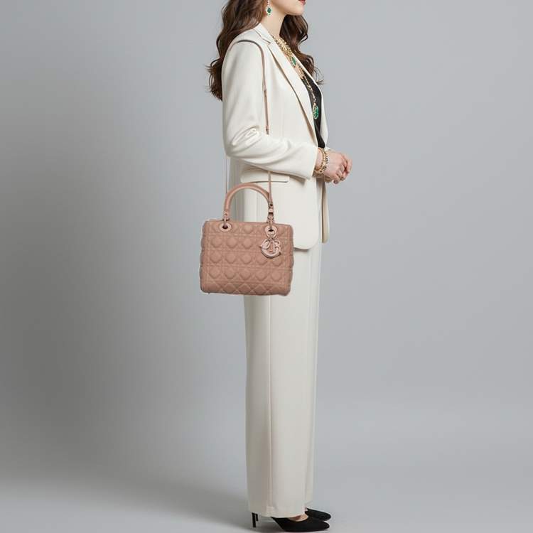 Pre Owned Dior Lady Dior Beige Ultra Matte Medium Cannage Leather Tote