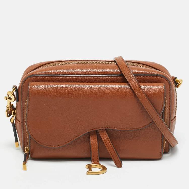 Pre Owned Dior Saddle Brown Leather Double Pouch Crossbody Bag