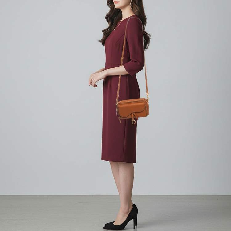 Pre Owned Dior Saddle Brown Leather Double Pouch Crossbody Bag