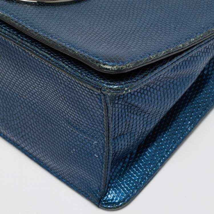 Pre Owned Dior Diorama Club Metallic Blue Lizard Shoulder Bag