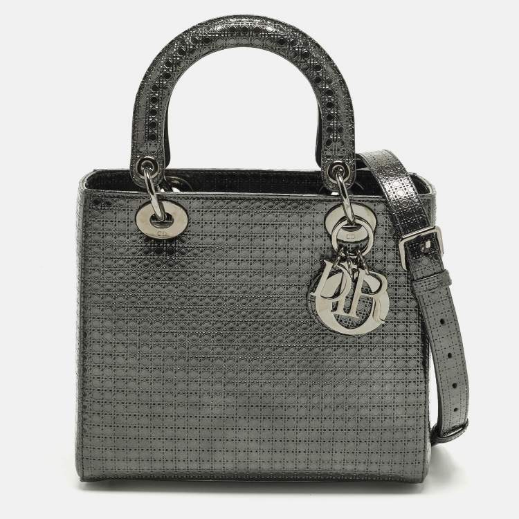 Pre Owned Dior Lady Dior Medium Metallic Dark Grey Microcannage Leather Tote