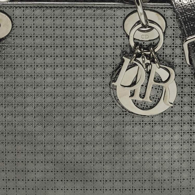 Pre Owned Dior Lady Dior Medium Metallic Dark Grey Microcannage Leather Tote