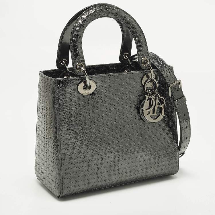 Pre Owned Dior Lady Dior Medium Metallic Dark Grey Microcannage Leather Tote