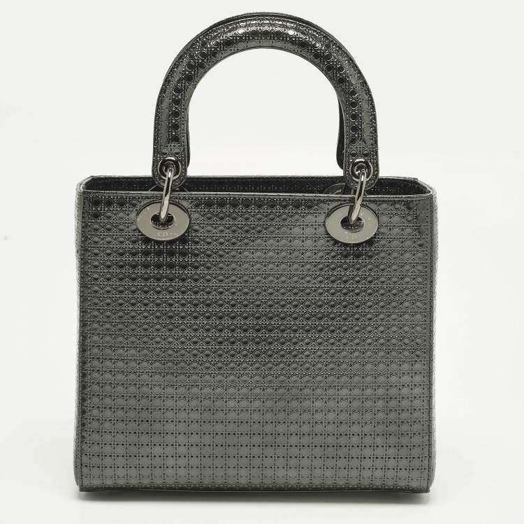 Pre Owned Dior Lady Dior Medium Metallic Dark Grey Microcannage Leather Tote