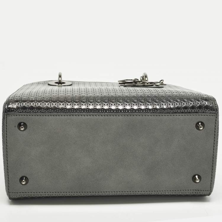 Pre Owned Dior Lady Dior Medium Metallic Dark Grey Microcannage Leather Tote