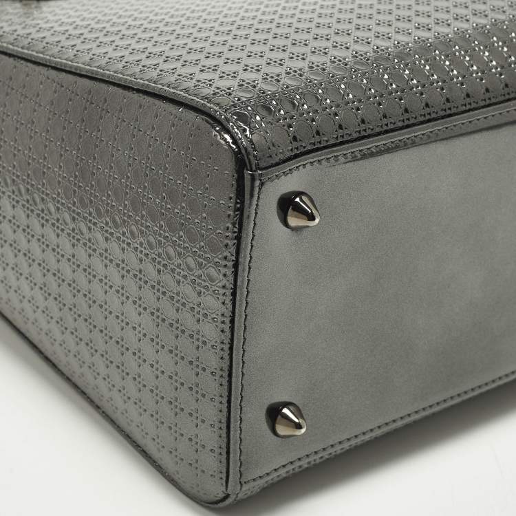 Pre Owned Dior Lady Dior Medium Metallic Dark Grey Microcannage Leather Tote