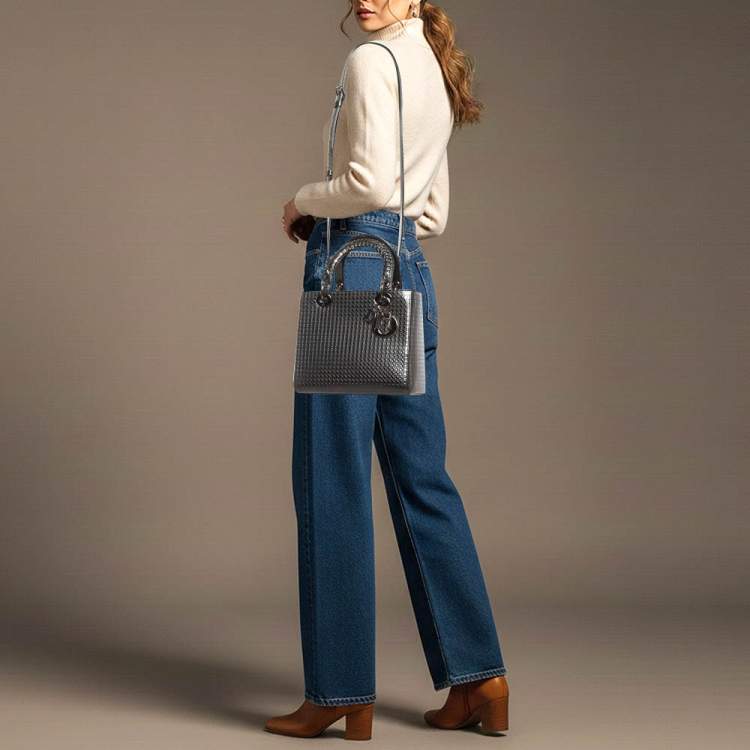 Pre Owned Dior Lady Dior Medium Metallic Dark Grey Microcannage Leather Tote