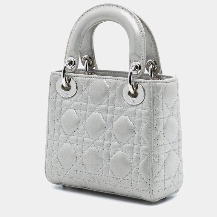 Pre Owned Dior Silver Mini Iridescent Lambskin Cannage Lady Dior