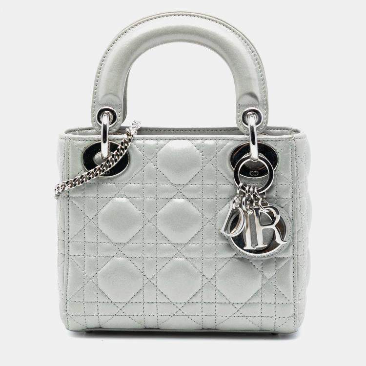 Pre Owned Dior Silver Mini Iridescent Lambskin Cannage Lady Dior