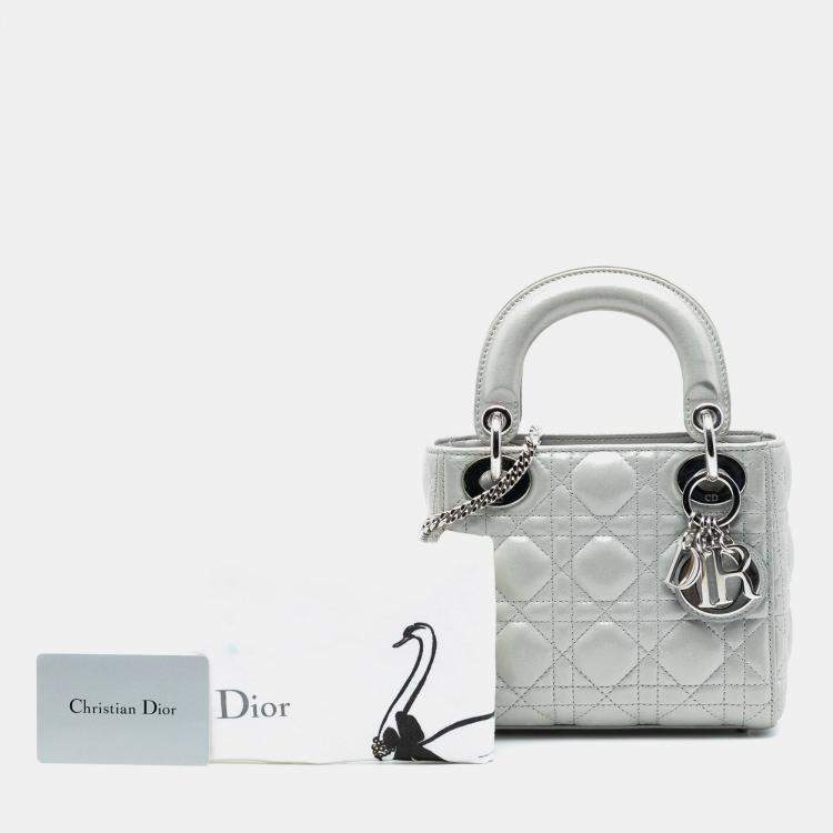 Pre Owned Dior Silver Mini Iridescent Lambskin Cannage Lady Dior