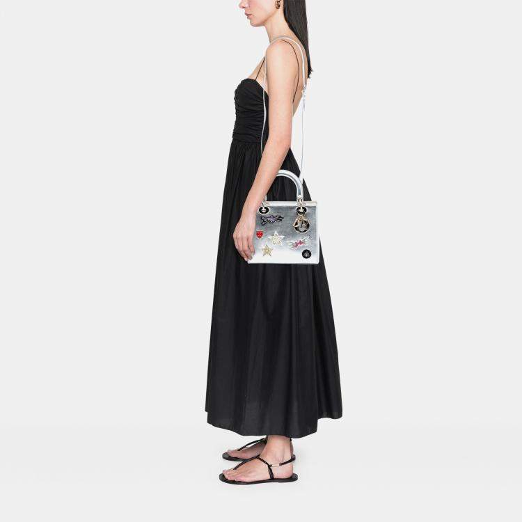 Pre Owned Dior Silver Medium Calfskin Patch Embellished Lady Dior