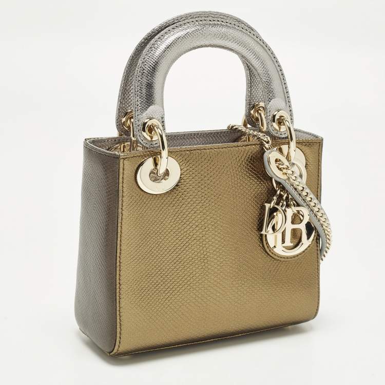 Pre Owned Dior Lady Dior Mini Tricolor Lizard Tote