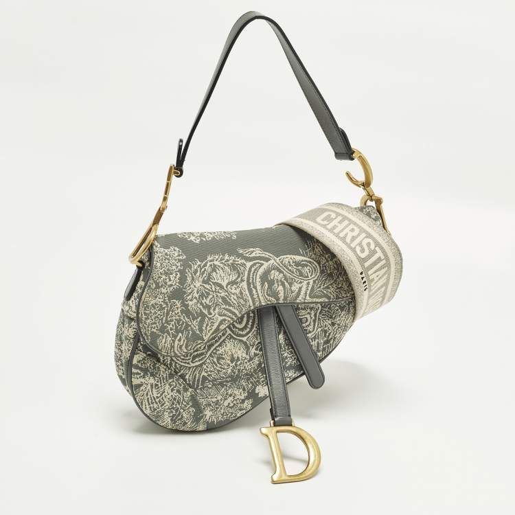 Pre Owned Dior Saddle Grey Embroidered Canvas Shoulder Bag