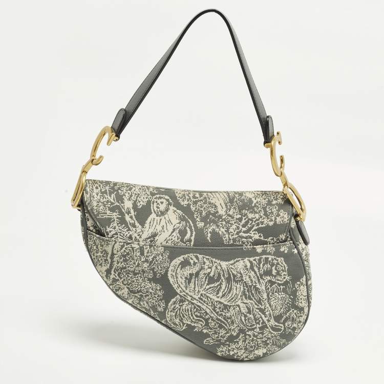 Pre Owned Dior Saddle Grey Embroidered Canvas Shoulder Bag