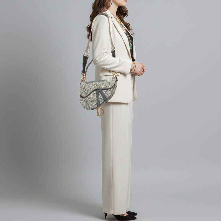 Pre Owned Dior Saddle Grey Embroidered Canvas Shoulder Bag