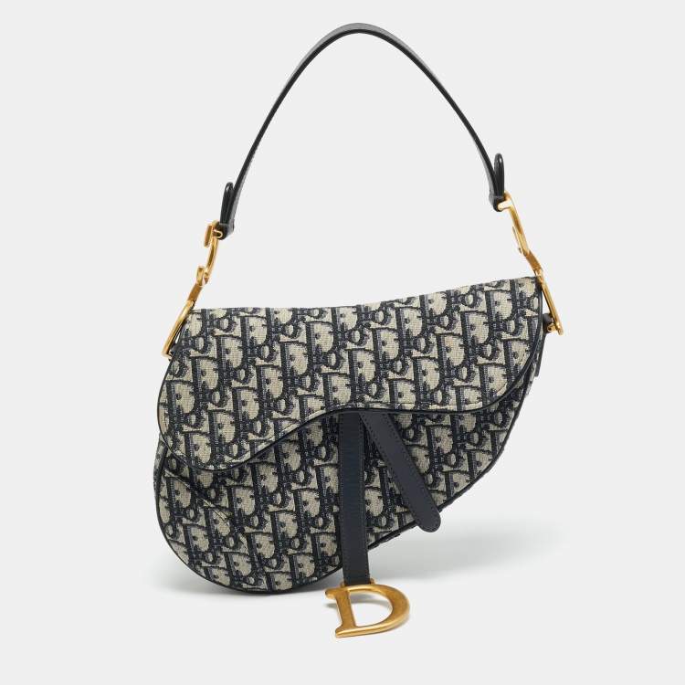 Pre Owned Dior Saddle Navy Blue Oblique Canvas Shoulder Bag
