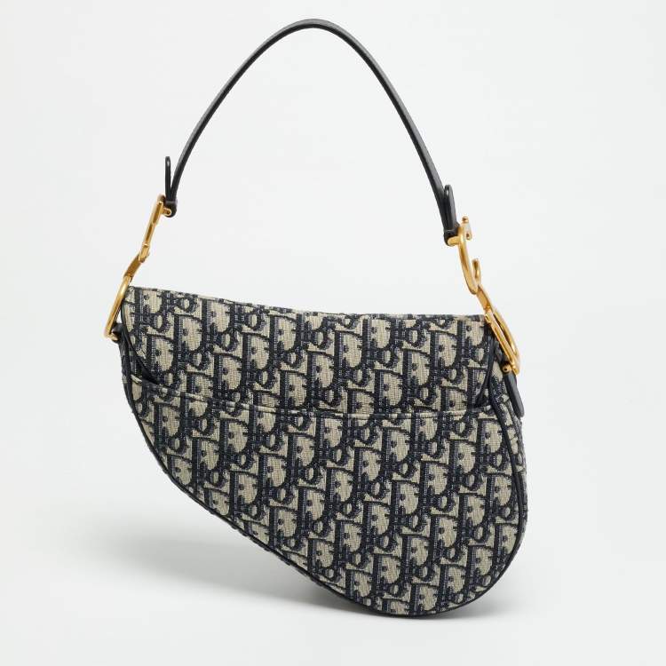 Pre Owned Dior Saddle Navy Blue Oblique Canvas Shoulder Bag