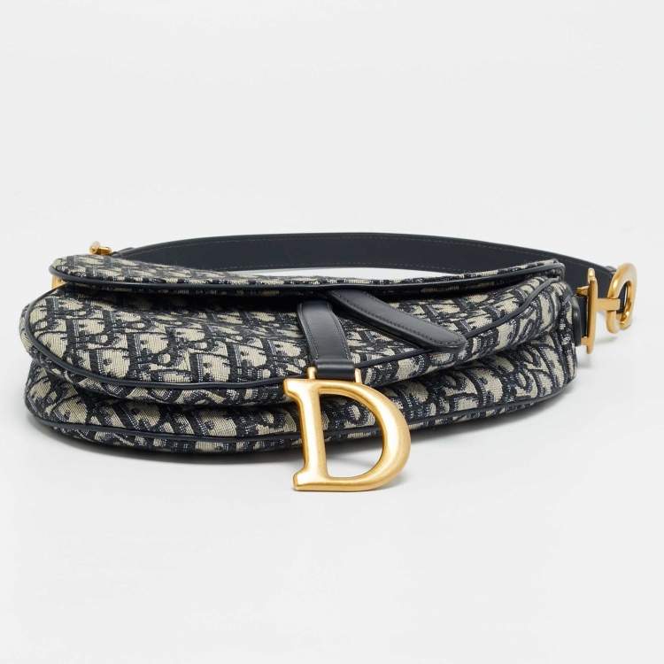 Pre Owned Dior Saddle Navy Blue Oblique Canvas Shoulder Bag