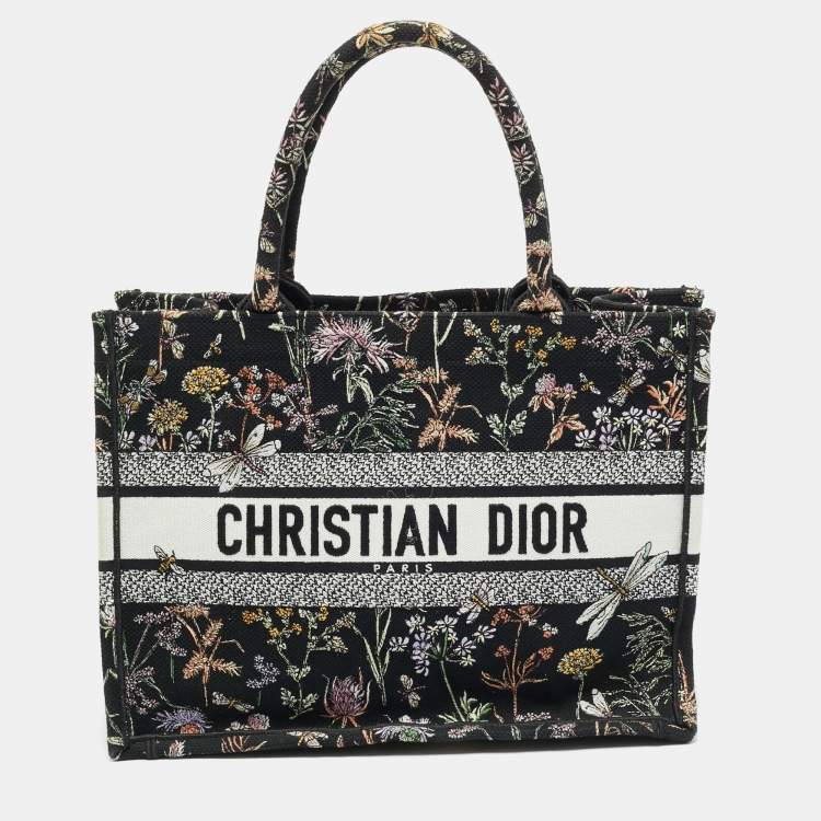 Pre Owned Dior Petites Fleurs Book Black/Multicolor Medium Embroidered Canvas Tote