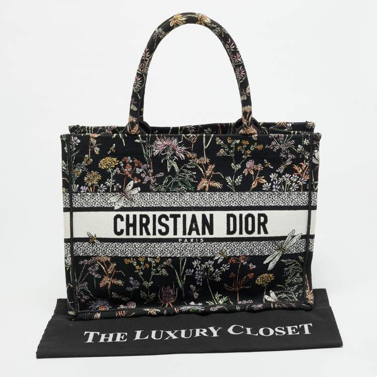 Pre Owned Dior Petites Fleurs Book Black/Multicolor Medium Embroidered Canvas Tote