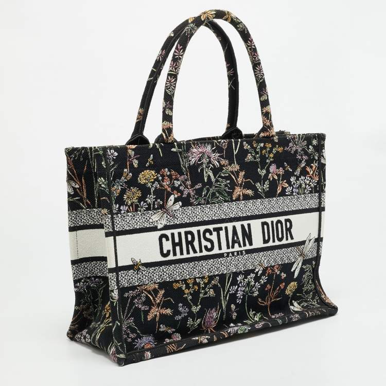 Pre Owned Dior Petites Fleurs Book Black/Multicolor Medium Embroidered Canvas Tote