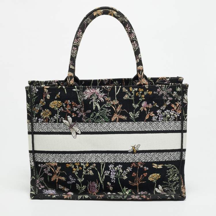 Pre Owned Dior Petites Fleurs Book Black/Multicolor Medium Embroidered Canvas Tote
