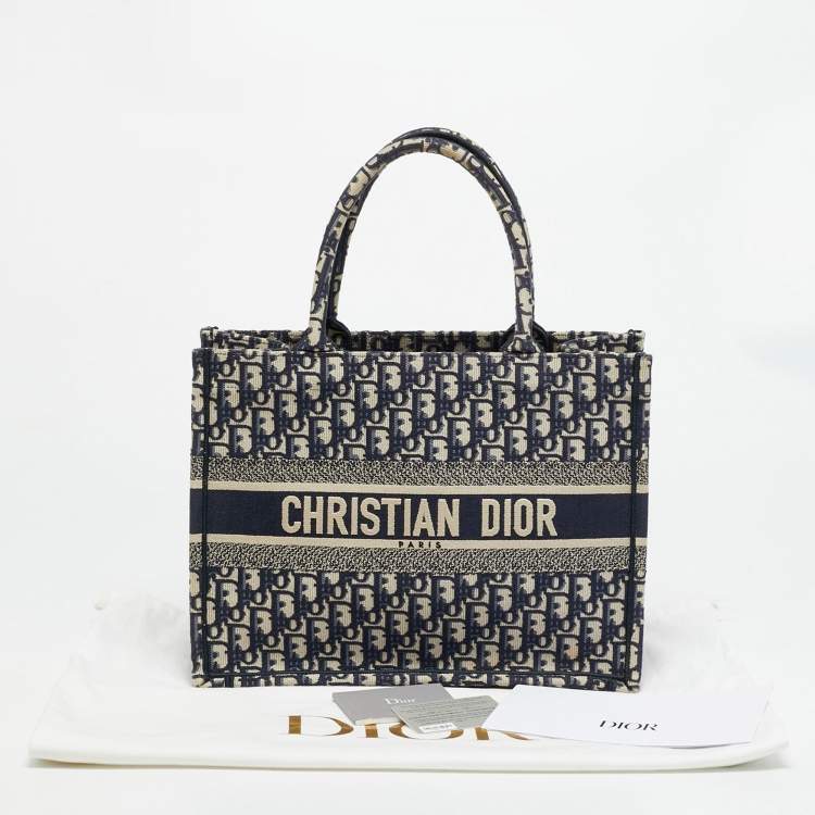 Pre Owned Dior Oblique Embroidered Book Medium Navy Blue Canvas Tote