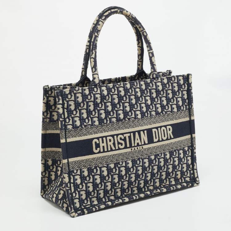 Pre Owned Dior Oblique Embroidered Book Medium Navy Blue Canvas Tote