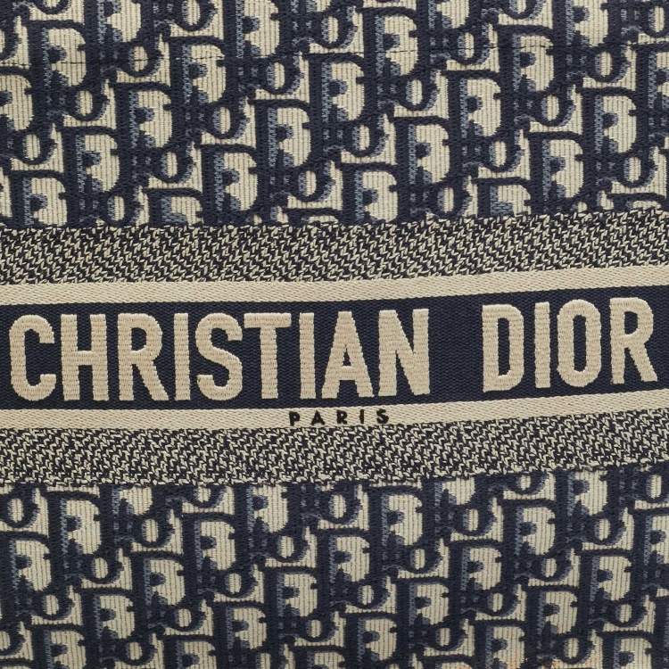 Pre Owned Dior Oblique Embroidered Book Medium Navy Blue Canvas Tote