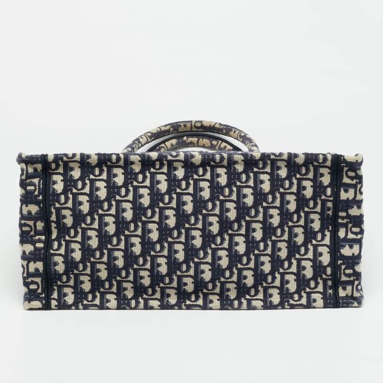 Pre Owned Dior Oblique Embroidered Book Medium Navy Blue Canvas Tote