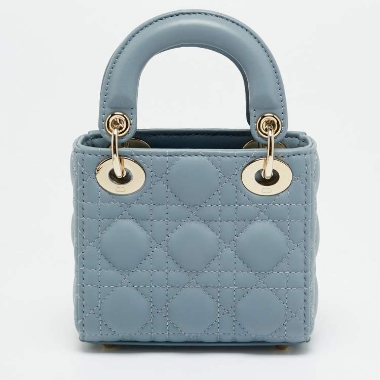 Pre Owned Dior Lady Dior Micro Light Blue Cannage Leather Tote