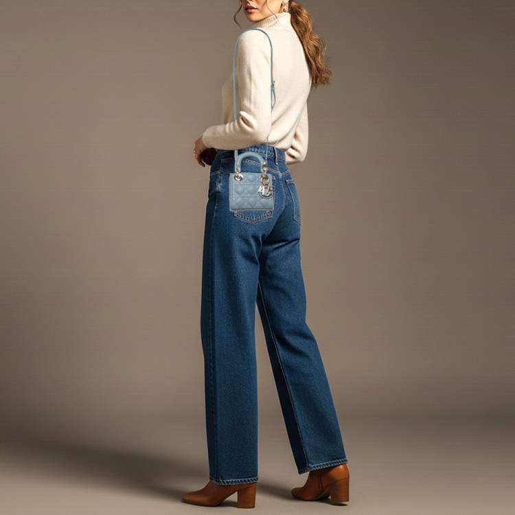 Pre Owned Dior Lady Dior Micro Light Blue Cannage Leather Tote