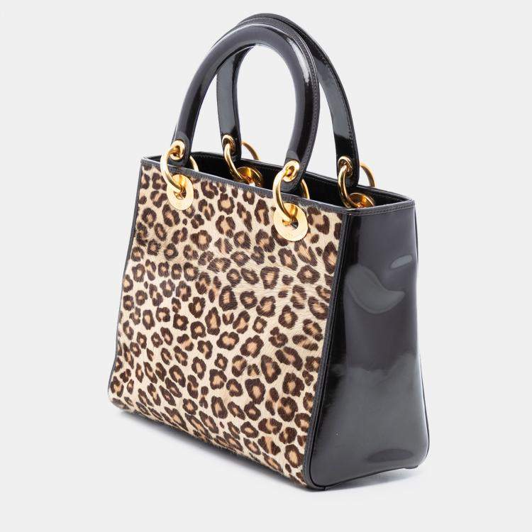 Pre Owned Dior Black Brown Medium Pony Hair Leopard Print Lady Dior