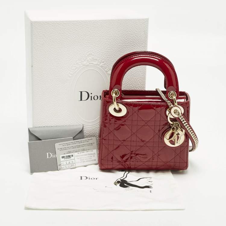 Pre Owned Dior Lady Dior Mini Red Cannage Patent Leather Chain Tote