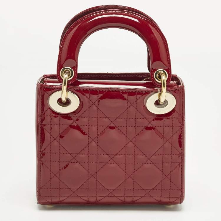 Pre Owned Dior Lady Dior Mini Red Cannage Patent Leather Chain Tote