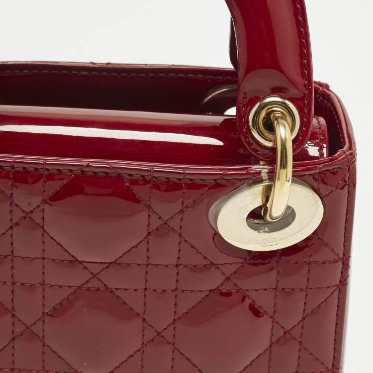 Pre Owned Dior Lady Dior Mini Red Cannage Patent Leather Chain Tote