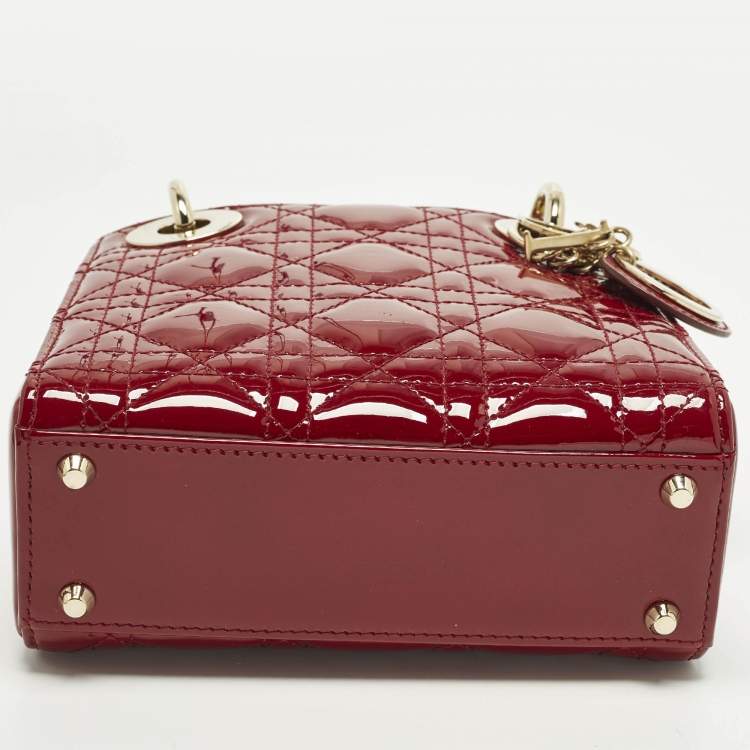 Pre Owned Dior Lady Dior Mini Red Cannage Patent Leather Chain Tote