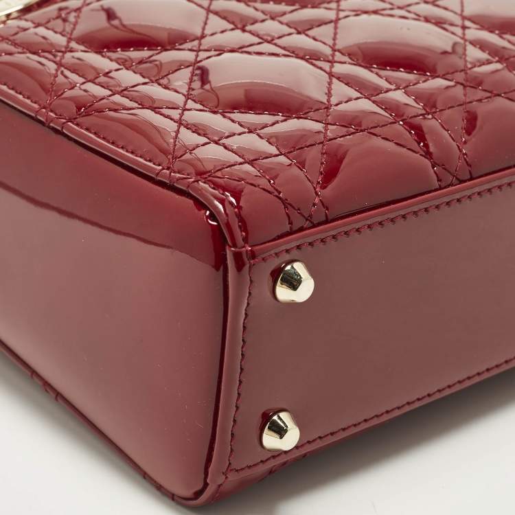 Pre Owned Dior Lady Dior Mini Red Cannage Patent Leather Chain Tote