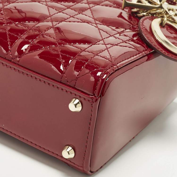 Pre Owned Dior Lady Dior Mini Red Cannage Patent Leather Chain Tote