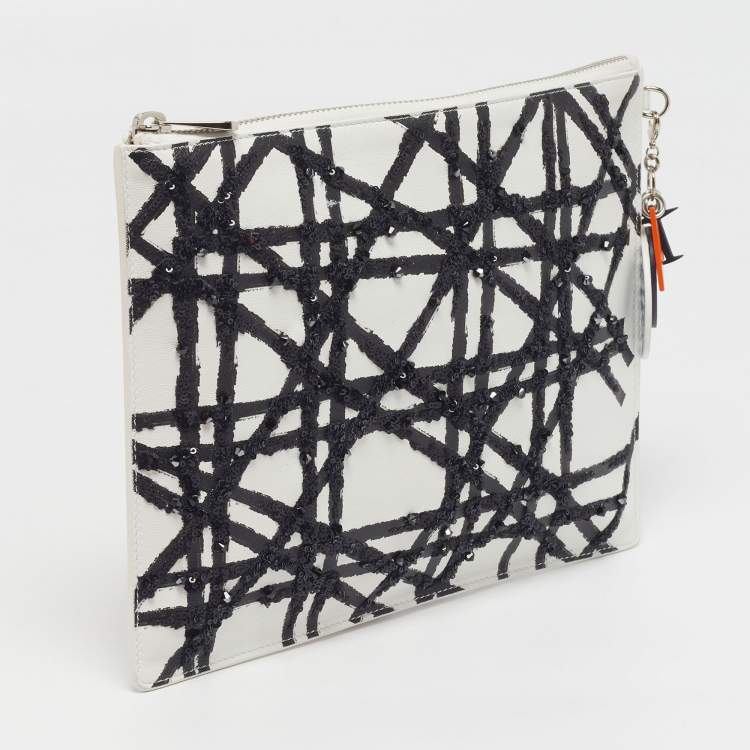 Pre Owned Dior x Daniel Gordon Limited Edition Zip Art White/Black Cannage Sequins and Leather Pouch 